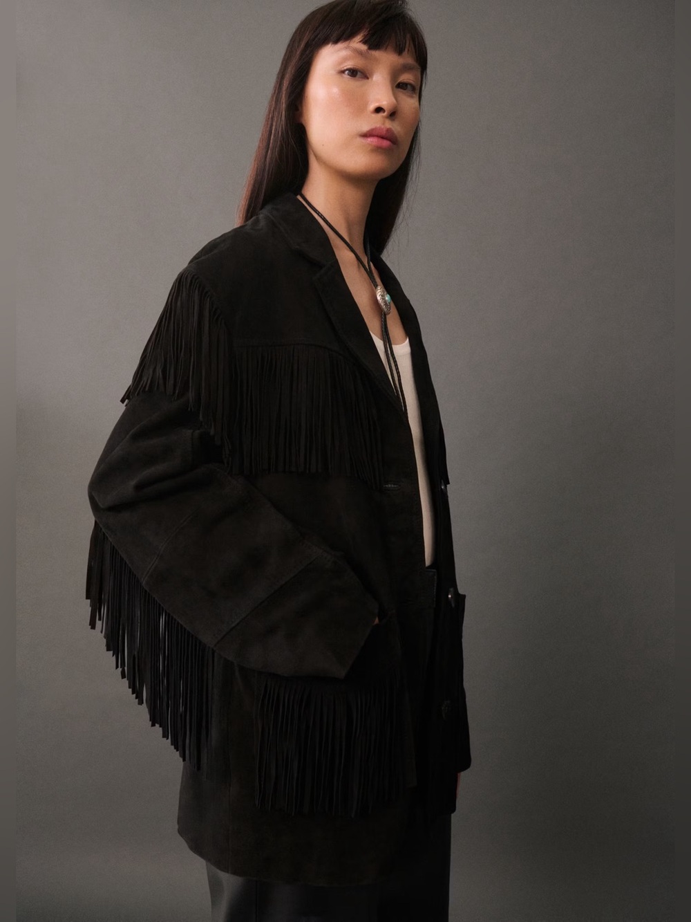 Mango NWT Medium Black Fringe Suede Leather Jacket - Picture 4 of 13